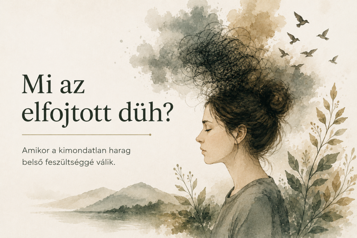 Az elfojtott düh jelképes ábrázolása: lehunyt szemű női profil kusza gondolatokat idéző vonalakkal, természetes, akvarell stílusban.