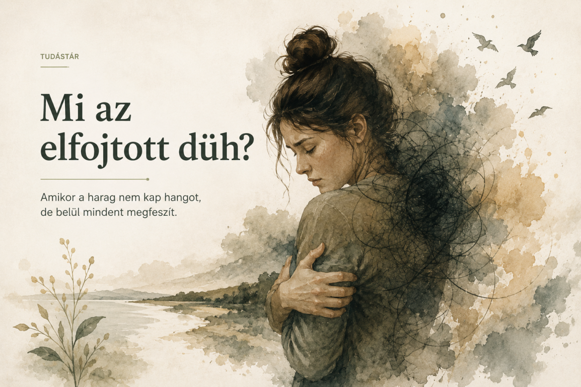 Az elfojtott düh jelképes ábrázolása: önmagát átölelő nő belső feszültséget megjelenítő kusza vonalakkal.